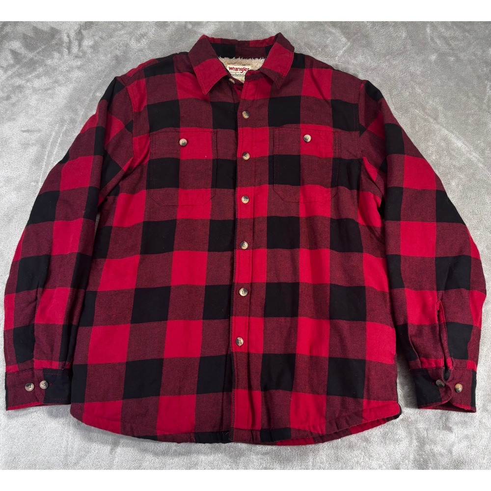 Wrangler Authentics Shirt Jacket Flannel Mens M Red Black Plaid Sherpa Lined